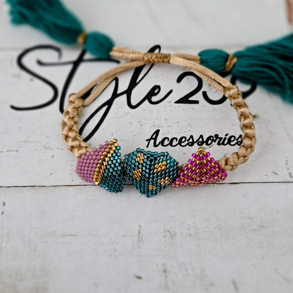 Beige Braided Adjustable Bracelet with Teal and Pink Miyuki Hearts Accents